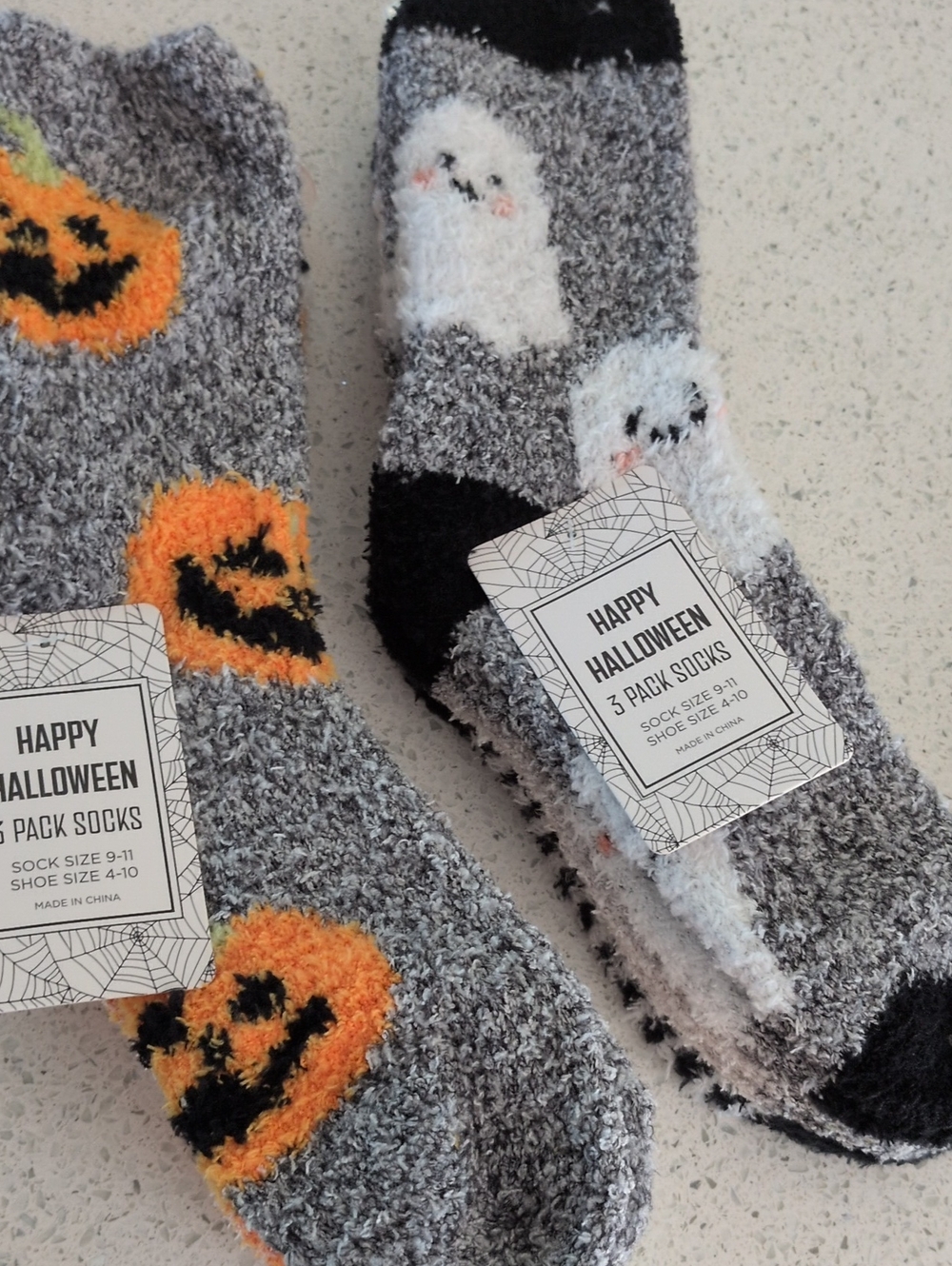 Happy Halloween Ghost And Pumpkin Plush Socks - 6 Pair 9-11 Bundle